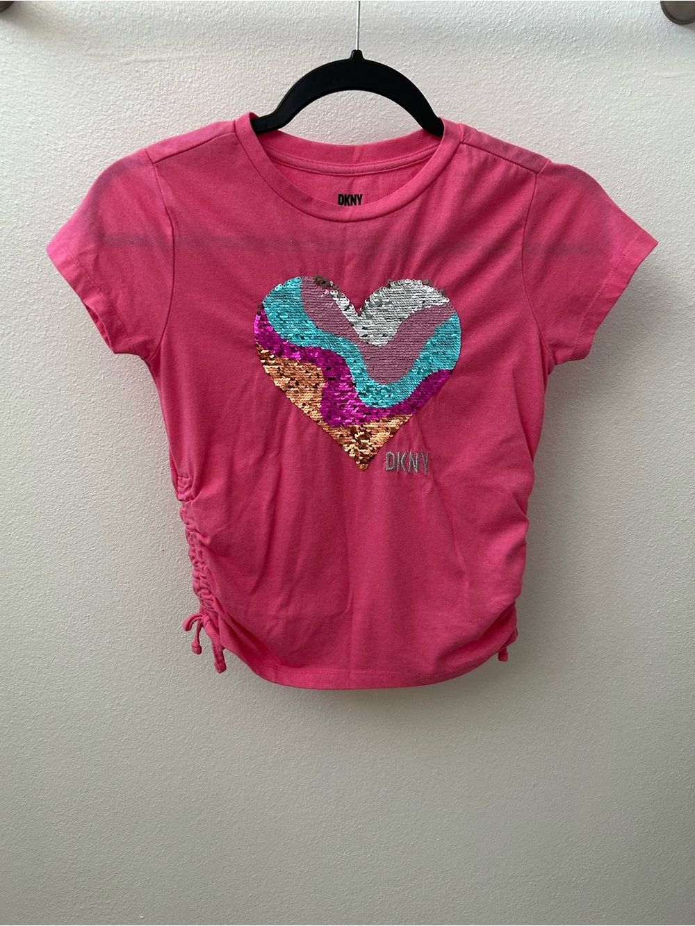 DKNY Girls Flip Sequin Heart T-Shirt Pink